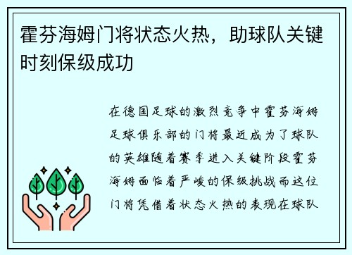 霍芬海姆门将状态火热，助球队关键时刻保级成功