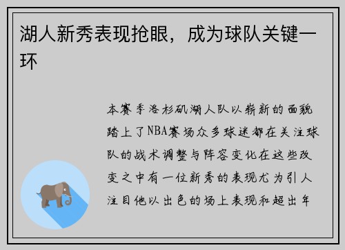 湖人新秀表现抢眼，成为球队关键一环
